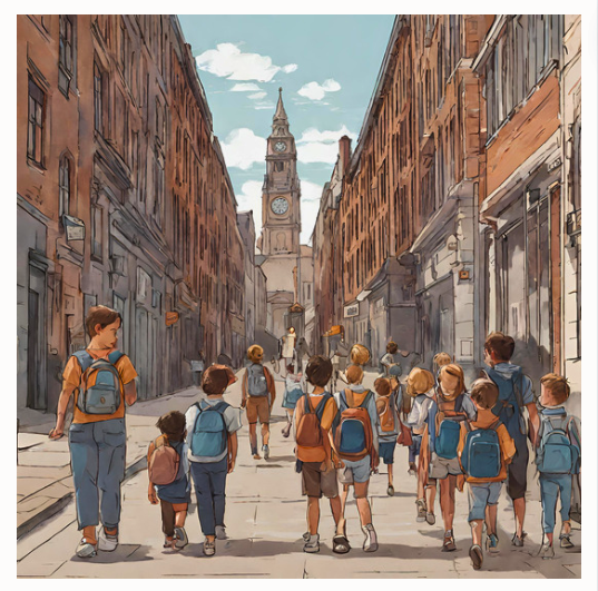 Pupils walking in a street